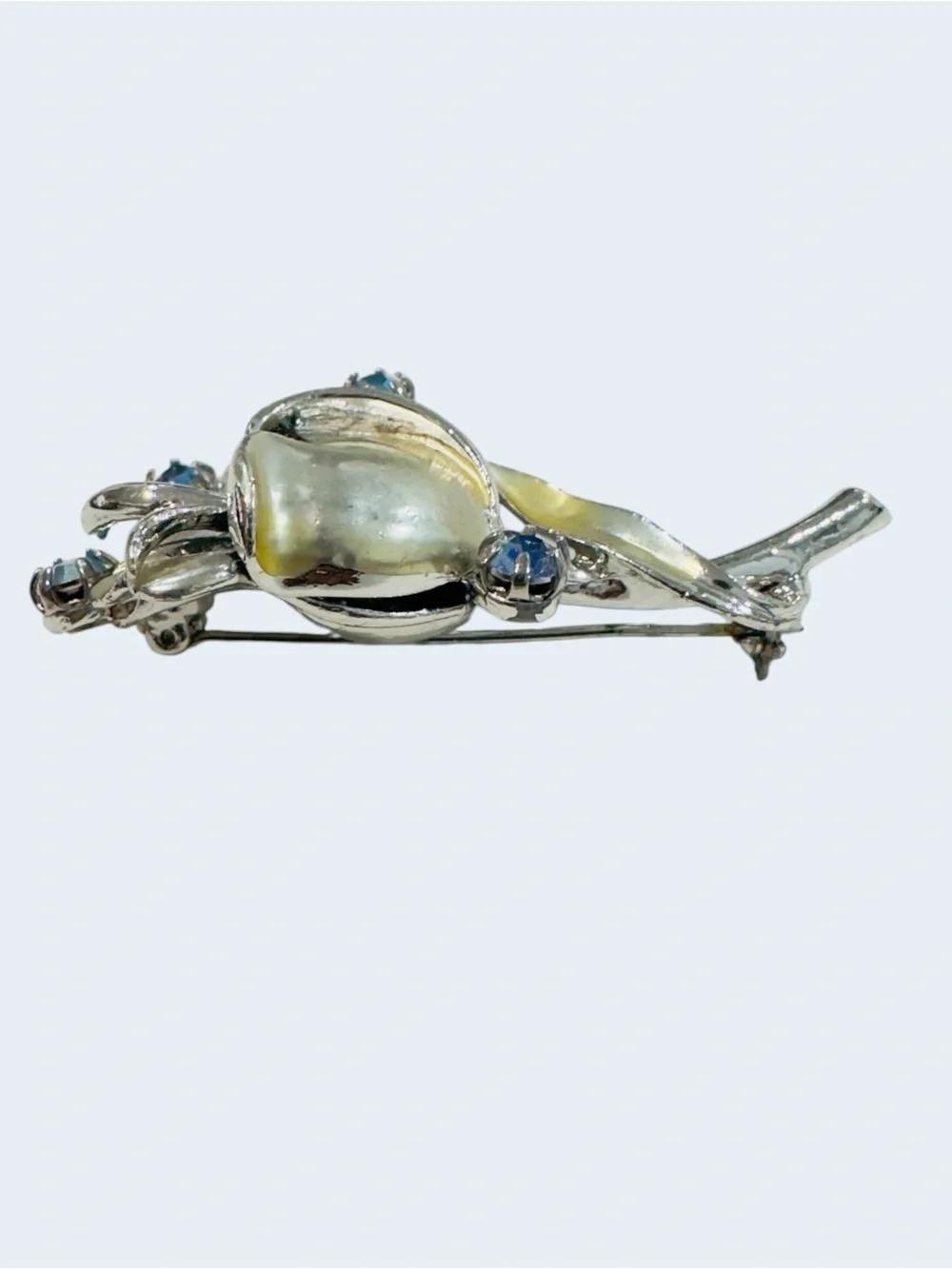 Vintage Silvertone Tulip Brooch – Aurora Borealis Rhinestone Floral Pin